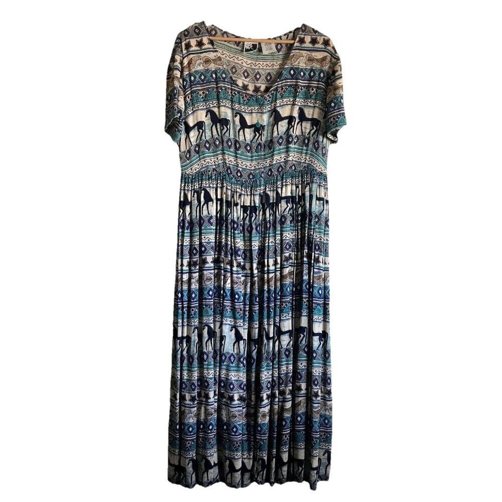 Vintage‎ Phool Maxi Dress South West Folk Horse Print Indian Broomstick Button M